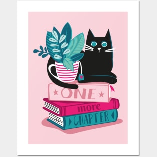 One more chapter // spot // pastel pink background black cat striped mug with plants red teal and yellow books with quote Posters and Art